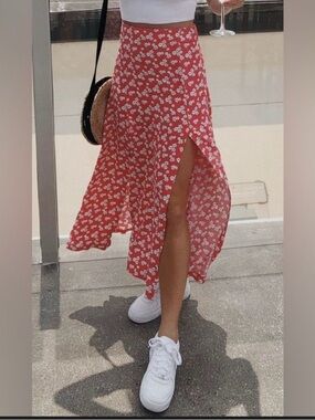 Zara Red Floral High-Slit Maxi Skirt